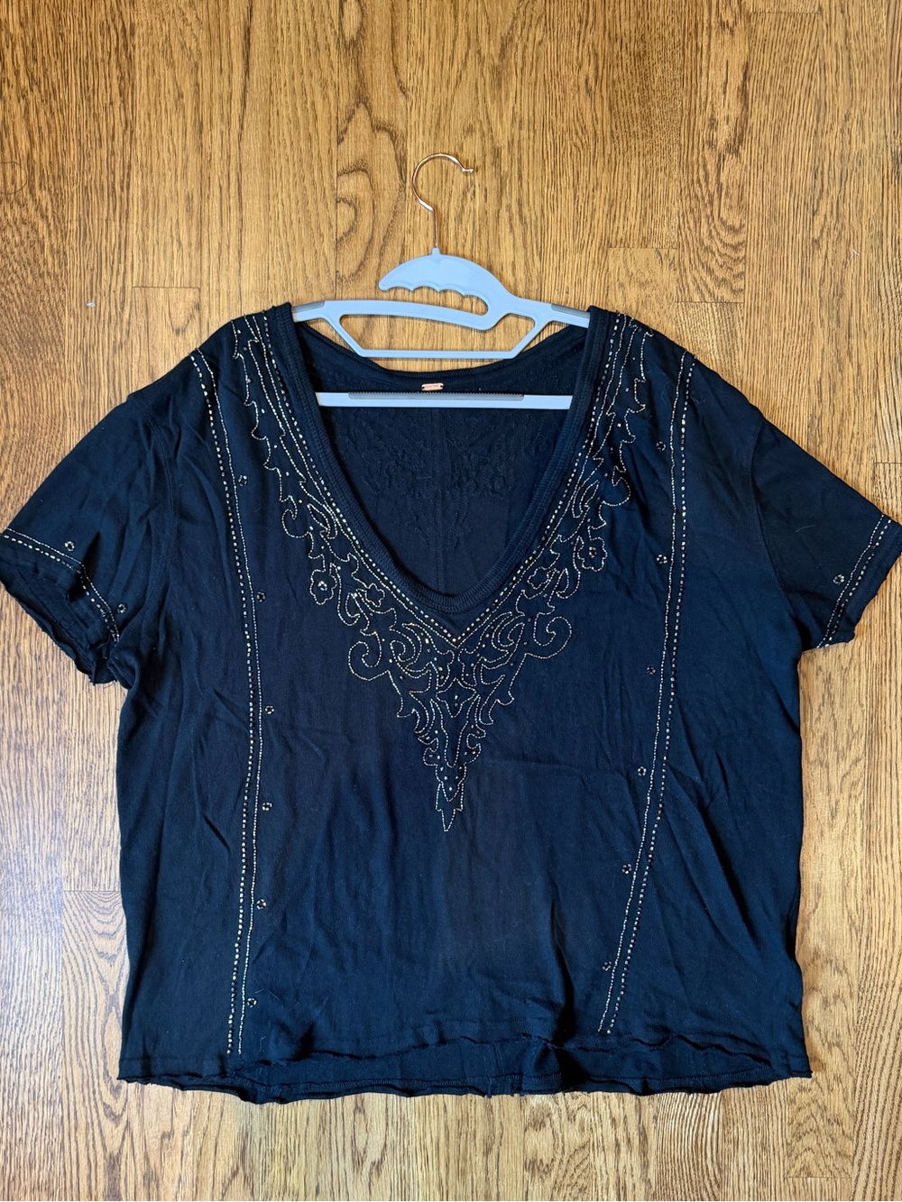 Free People Black Short Sleeve V-Neck Tee with Metallic Embroidery
